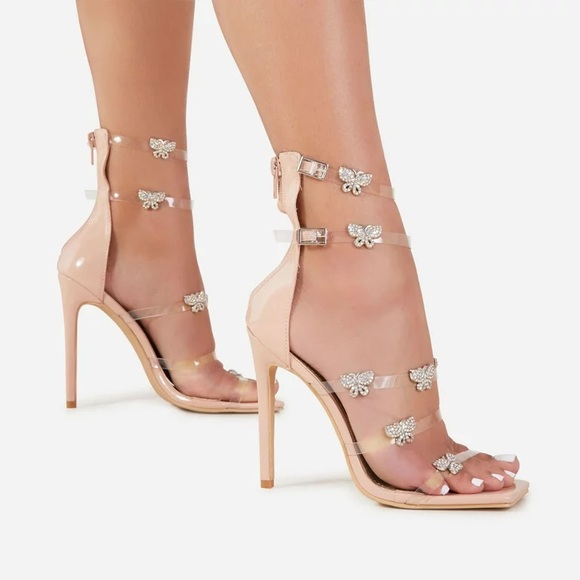 Lemonade Rhinestone Butterfly Stiletto Tall High Heel Clear Strap Square Toe 8.5 - Picture 2 of 16